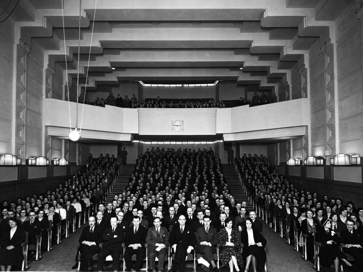 Broadcasting House, in the Concert Hall, 1932. Director General, Lord John Reith can be seen sitting centre front row