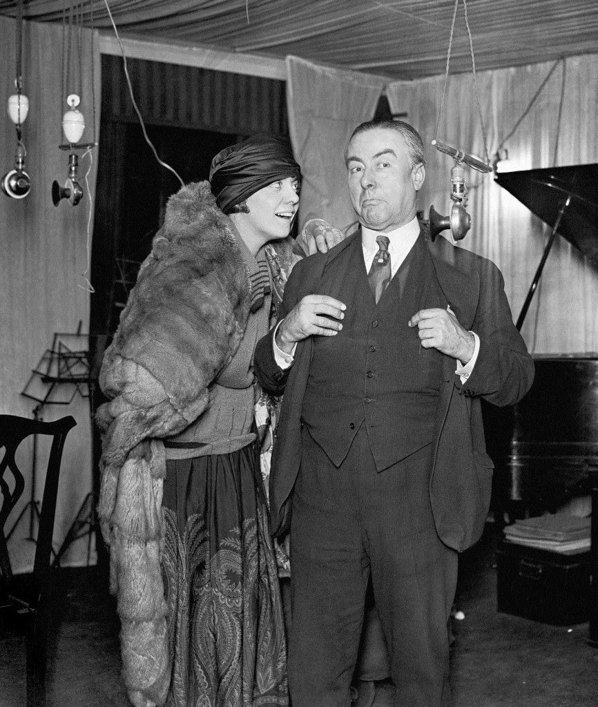 British music hall stars George Robey and Alma Adair giving a wireless rehearsal from the Covent Garden Review “You’d be surprised”, 1922