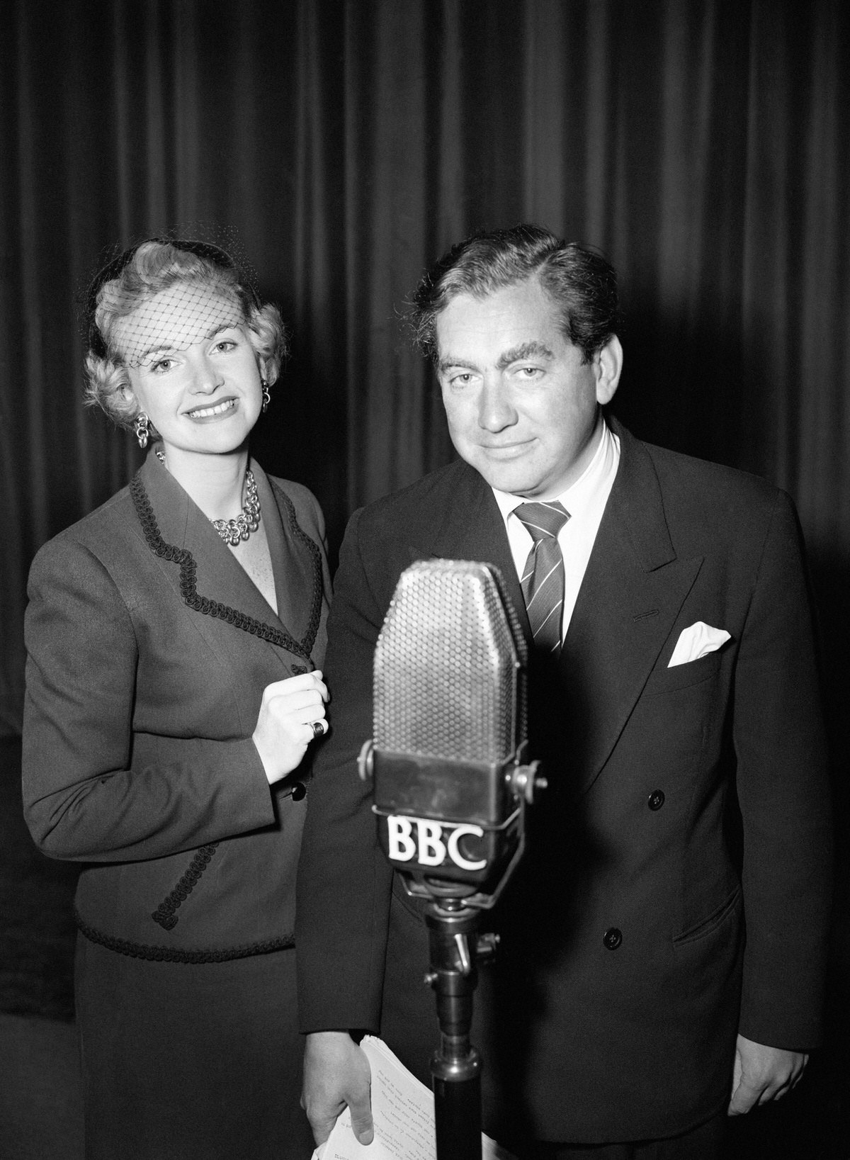 Working with smiles are Moira Lister and Tony Hancock, rehearsing together for the new radio show ‘Hancock’s Half Hour’, 1954