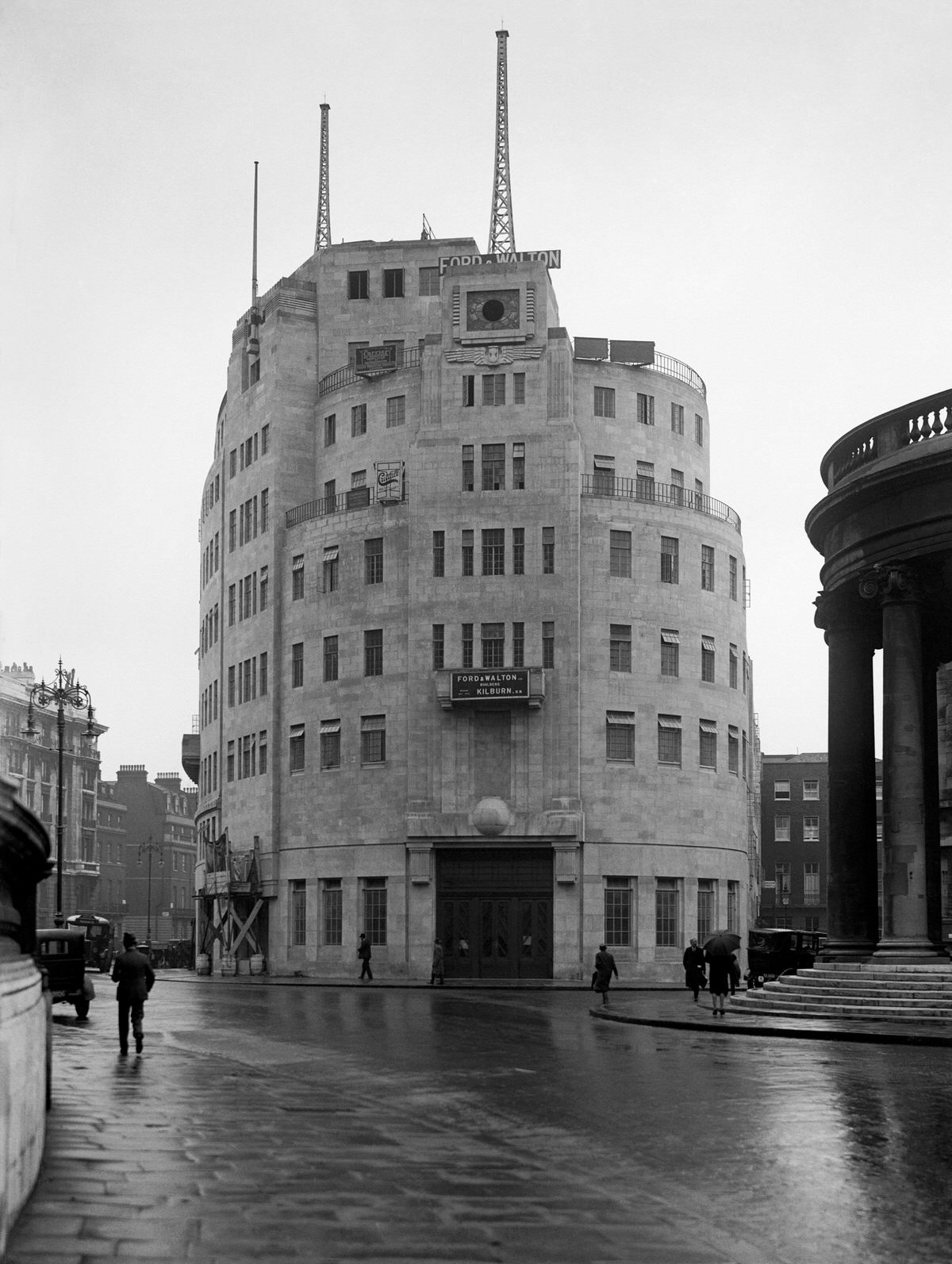 A view of the newly-built BBC Broadcasting House in a wet central London, 1931.