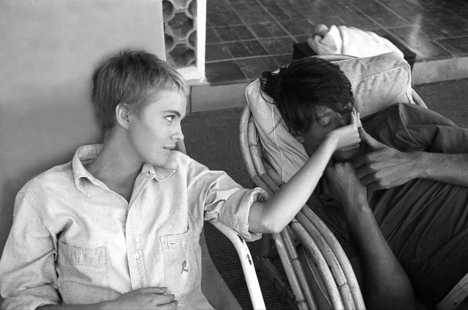 Jean Seberg and François Moreuil on location in the south of France for "Bonjour Tristesse," 1957