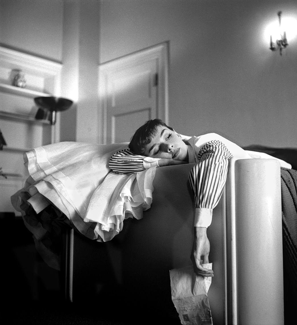 Audrey Hepburn in her hotel room in Los Angeles, on her first trip to Hollywood after filming "Roman Holiday," 1953