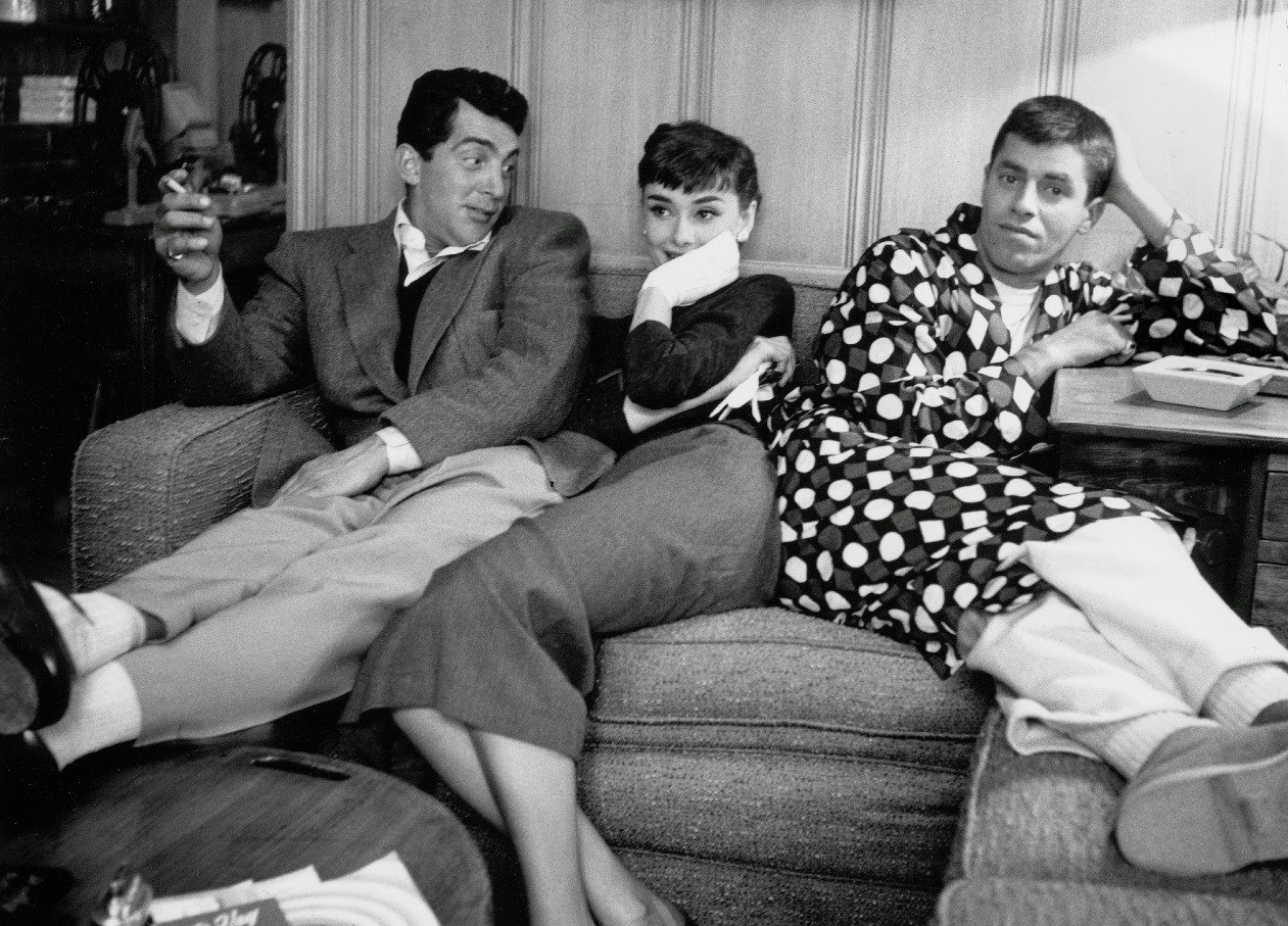 Audrey Hepburn hangs out with Dean Martin and Jerry Lewis at Paramount Studios, 1953