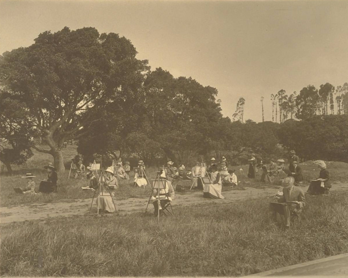 Art students painting outdoors, 1930s