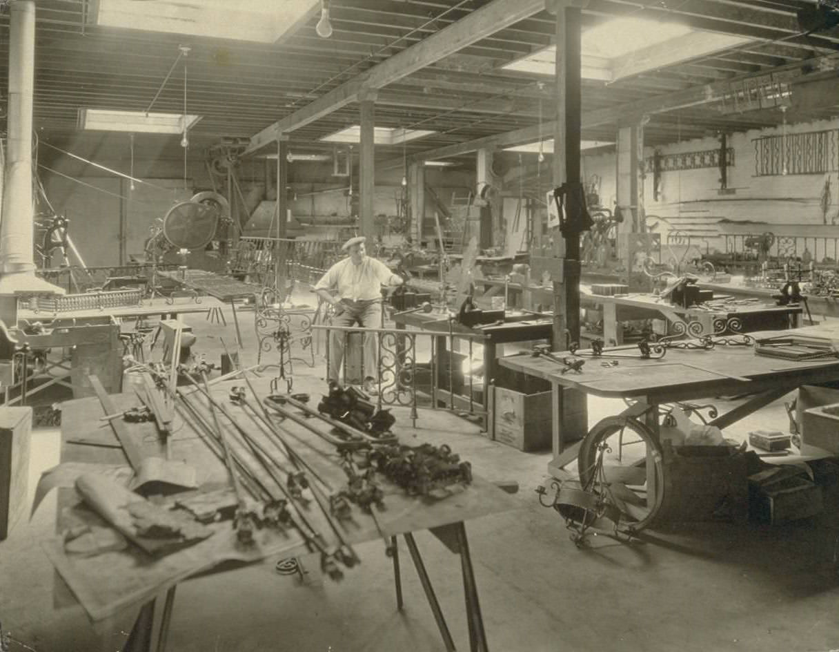 Interior of manufacturing area. Liberty Ornamental Iron & Wire Works, 1920s.