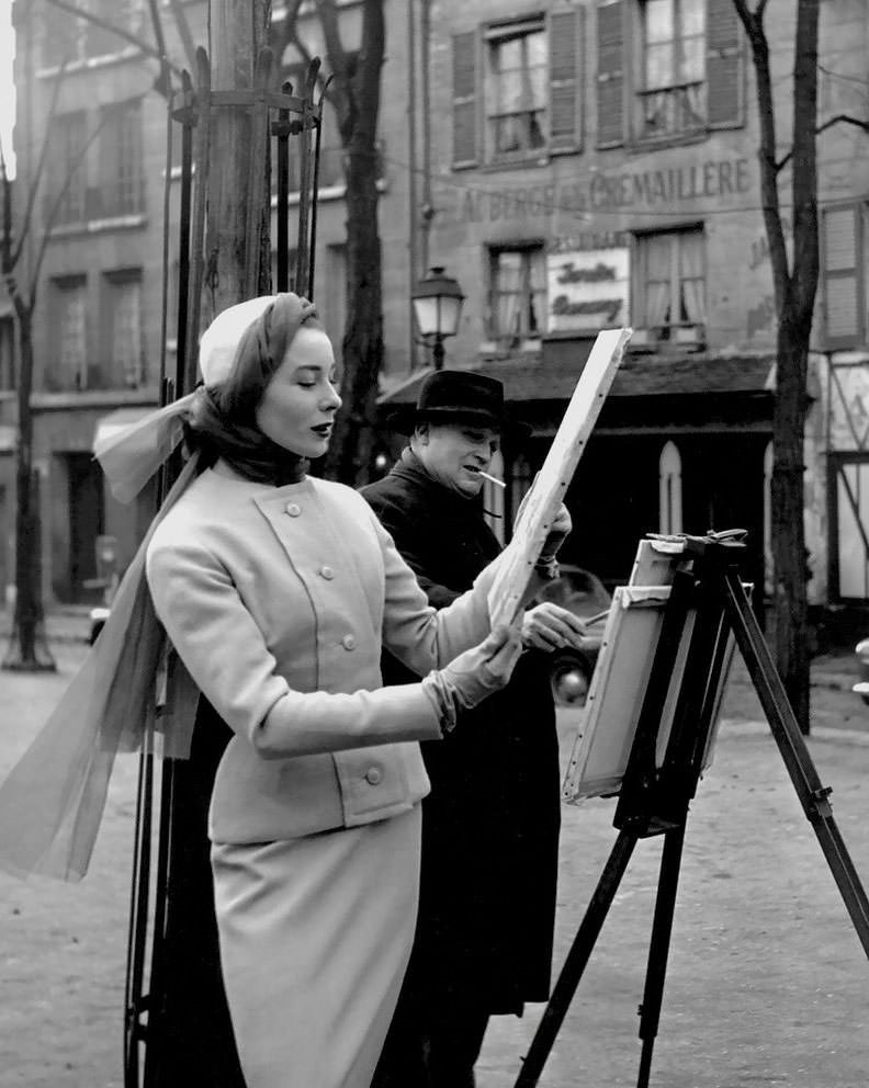 Bettina Graziani, Suit by Hubert de Givenchy, 1953