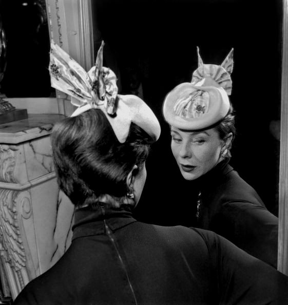 Bettina Graziani wearing a hat by Legroux Soeurs, 1954