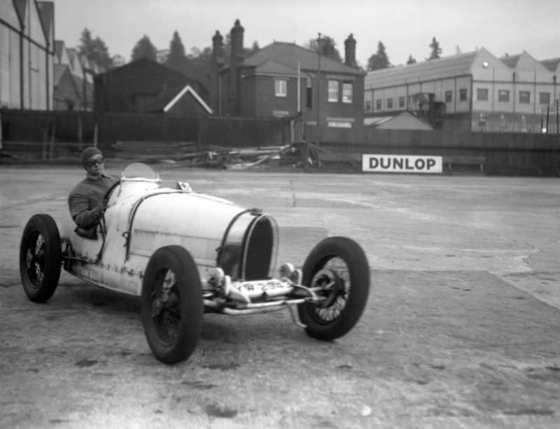 Eileen Ellison in a Bugatti during the ‘mountain race’ at Brooklands, 1934.