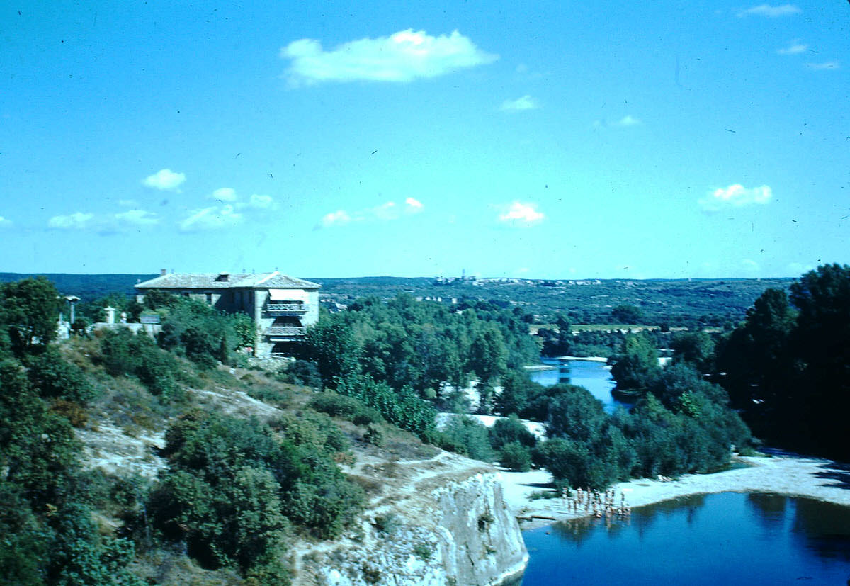 Bathing Beach of River Gardon from Pont du Gard- Provence, France, 1953