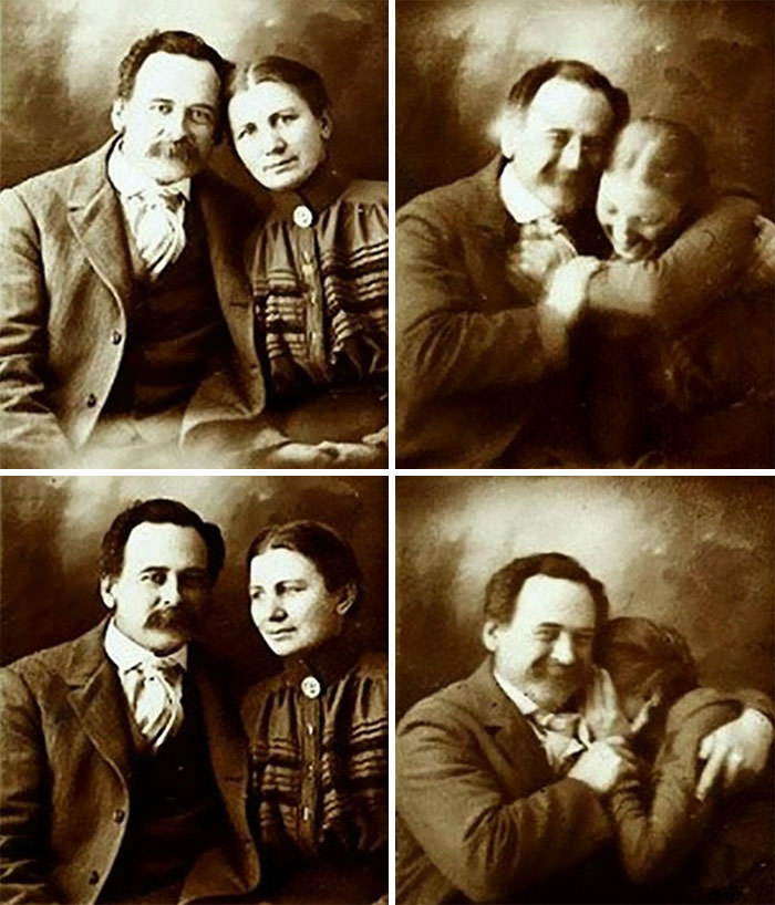 A victorian couple trying not to laugh while getting their portraits done, 1890s