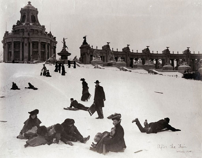 Sledding down art hill after the 1904 world’s fair was over, st louis, 1904