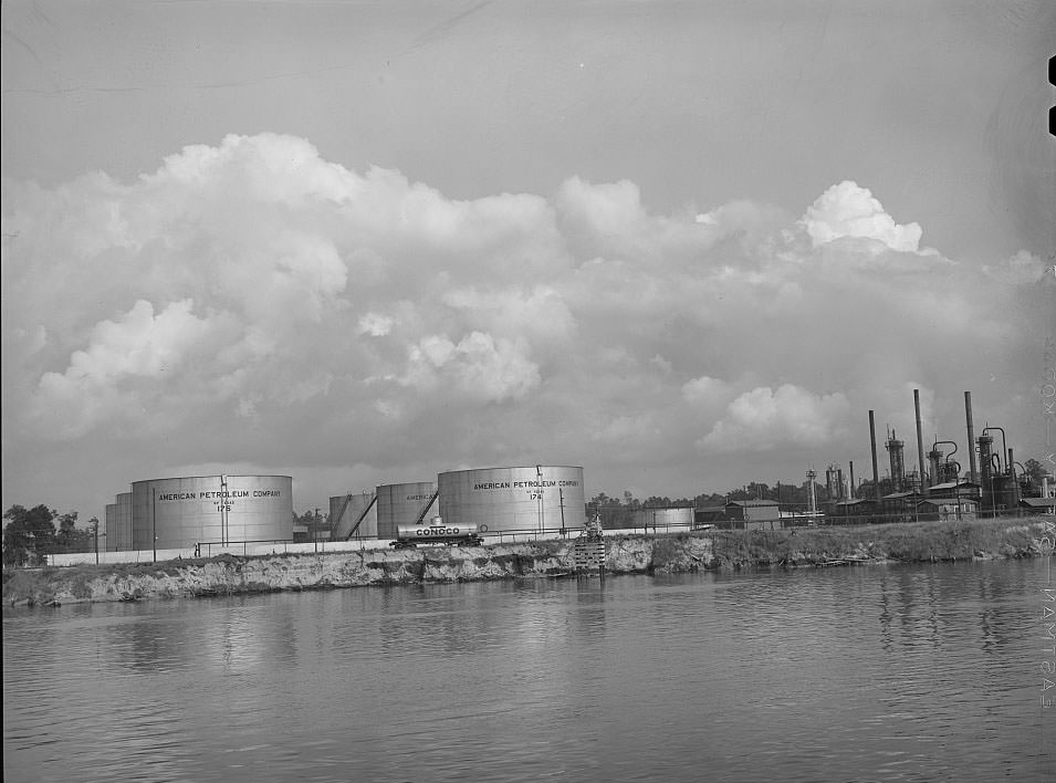 Oil refinery on the bank of the ship channel. Port of Houston, Texas