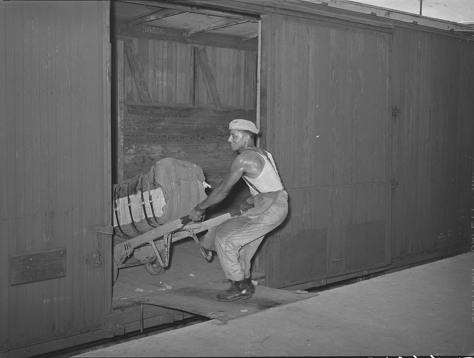 Negro unloading bale of cotton from railroad car. Compress, Houston, Texas