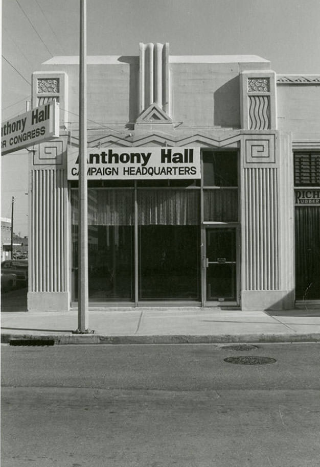 Corner of the Shopping Strip on 1201-1209 Caroline St. Campaign headquarters of Anthony Hall, running for Congress.