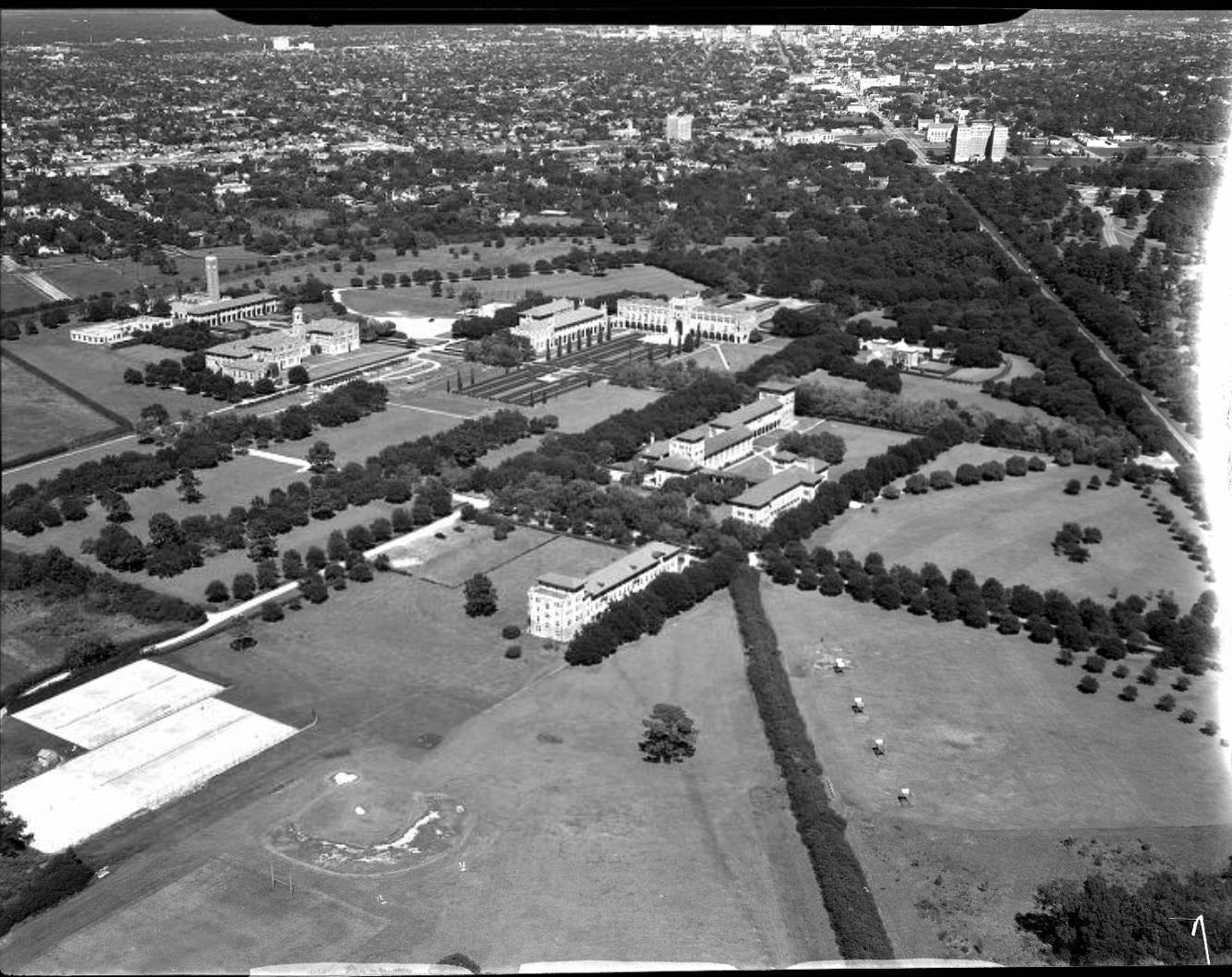 Aerial of Rice University campus, Houston, 1930s.