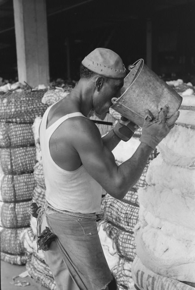 A worker at cotton compress taking a drink of water from bucket, Houston, 1930s.