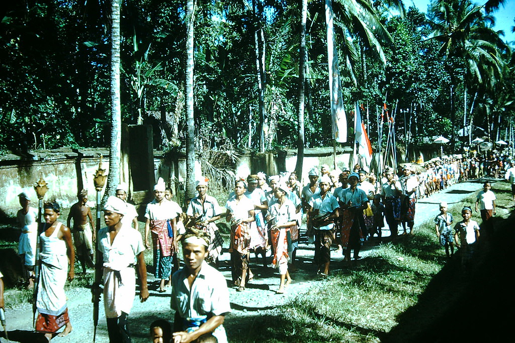 Procession from temple in Bali New Year, Indonesia, 1952