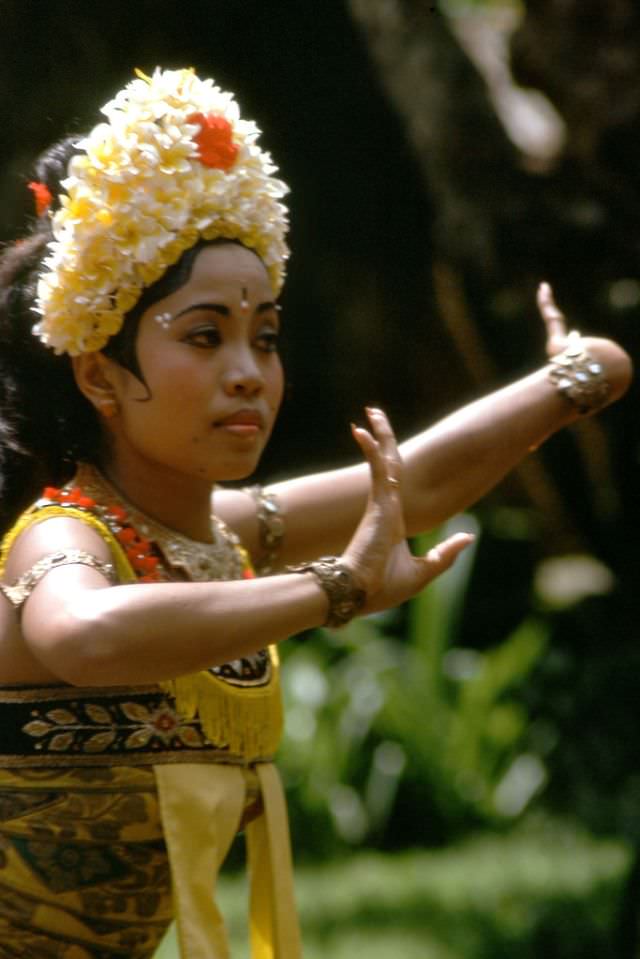 Close-up of pretty Balinese dancer at Kuta Beach, 1970s