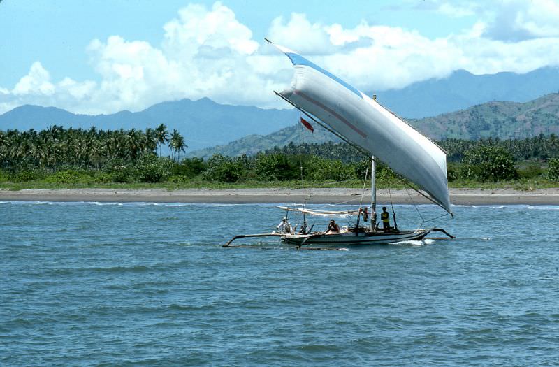 Traditional sailing vessel off the coast of Bali, 1970s