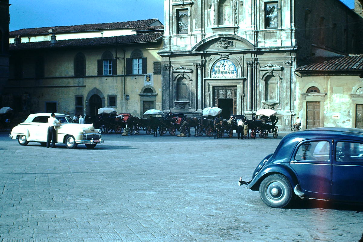 Church and Square Near Hotel Excelsior, Italy, 1954.