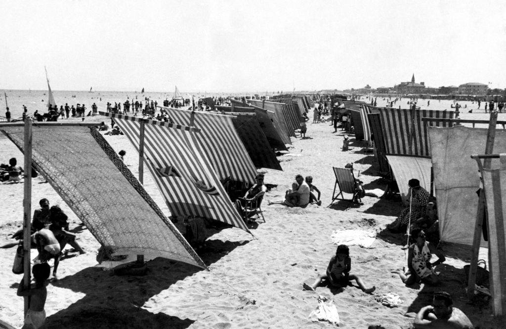 Tent on the beach in Italy, 1960.