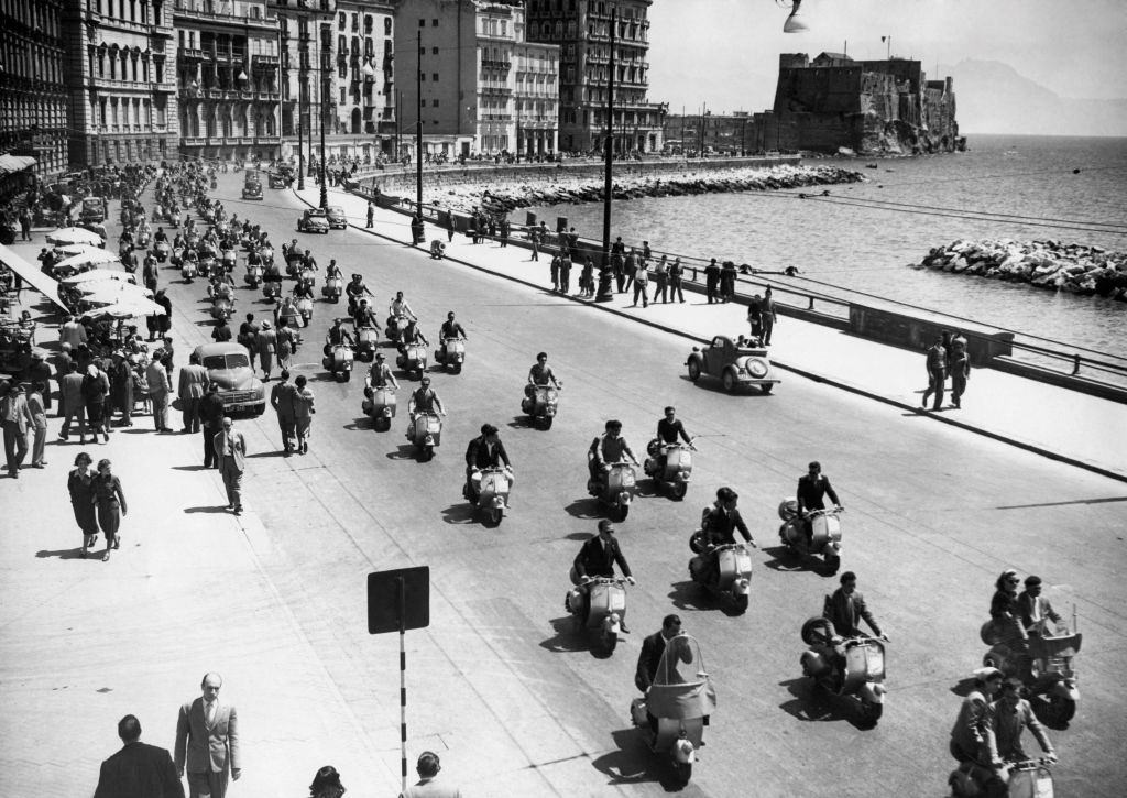 Line of vespa in Naples, 1960.