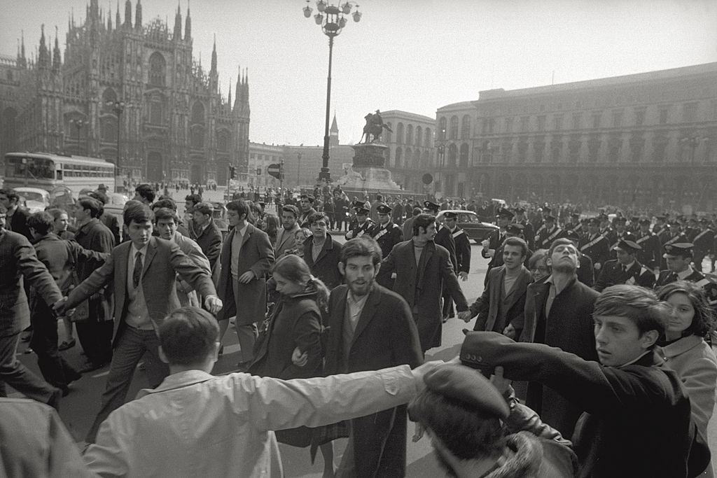 Italian students of the Parini high school demonstrating in piazza Duomo, Milan, 1960s.