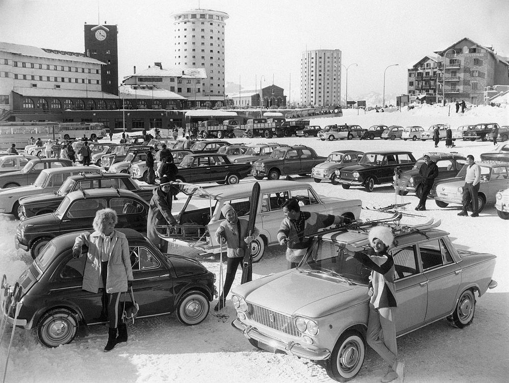 People at the car park in Sestriere, 1960s.