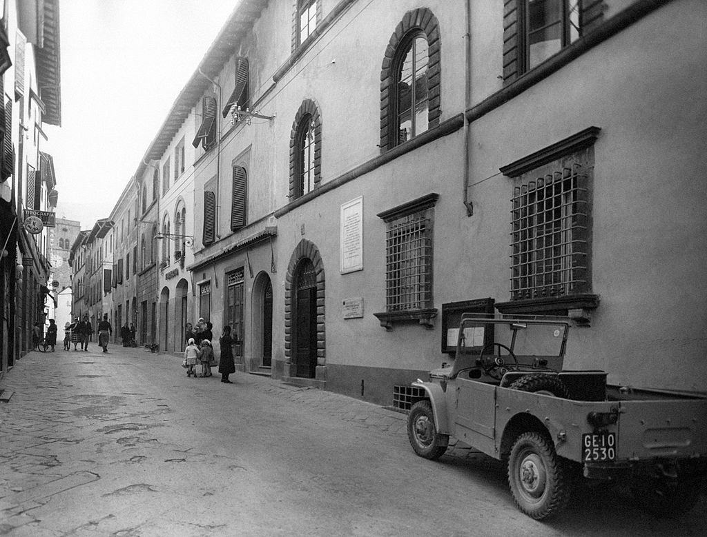An off-road vehicle is parked in front of Shell Agricultural Research Centre. Borgo a Mozzano, 1960s