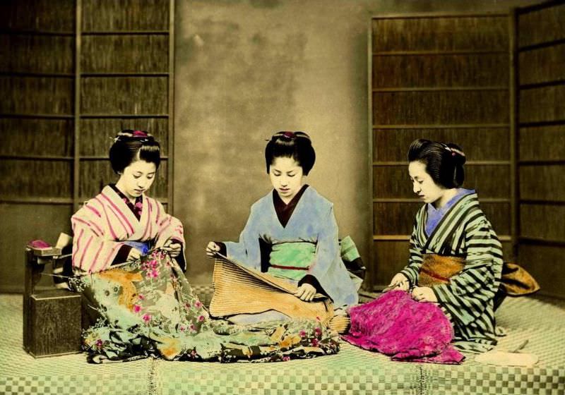 Repairing kimonos in old Japan