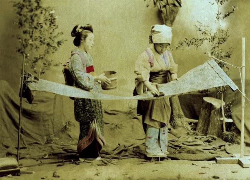 Treating the fabric in old Japan. Rice paste, brush, and stenciled designs