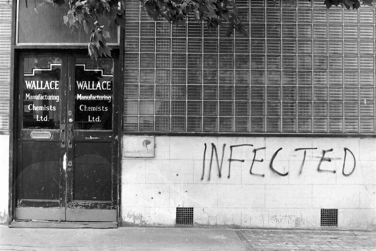 Wallace, chemists, Infected, graffiti, Netherwood St, Kilburn, Camden, 1998
