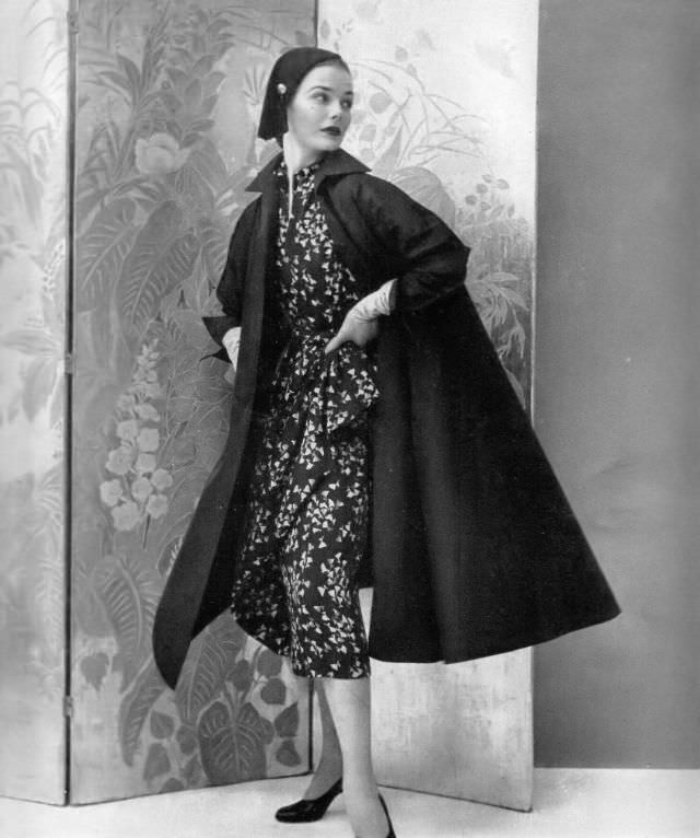 Lillian Marcuson in printed dress with swing coat, 1951