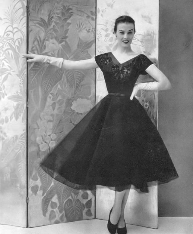 Lillian Marcuson in tulle party dress with full skirt, 1951