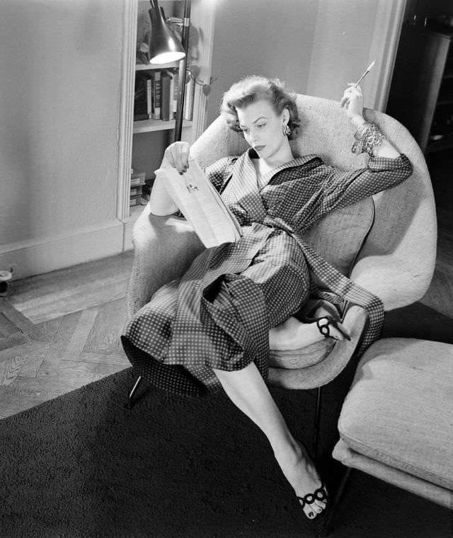 Lillian Marcuson in a Brooks Bros. dressing gown, 1954