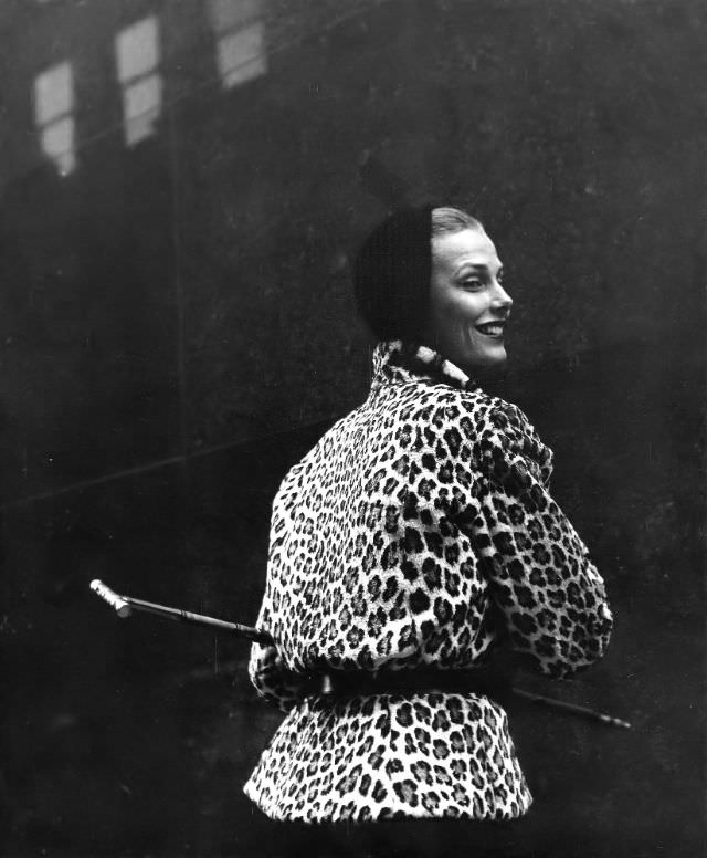 Lillian Marcuson in leopard fur jacket, New York, 1954