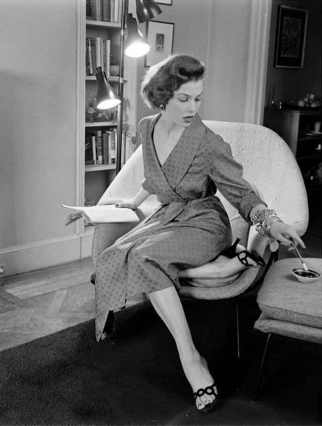Lillian Marcuson in silk Brooks Brothers robe, 1954