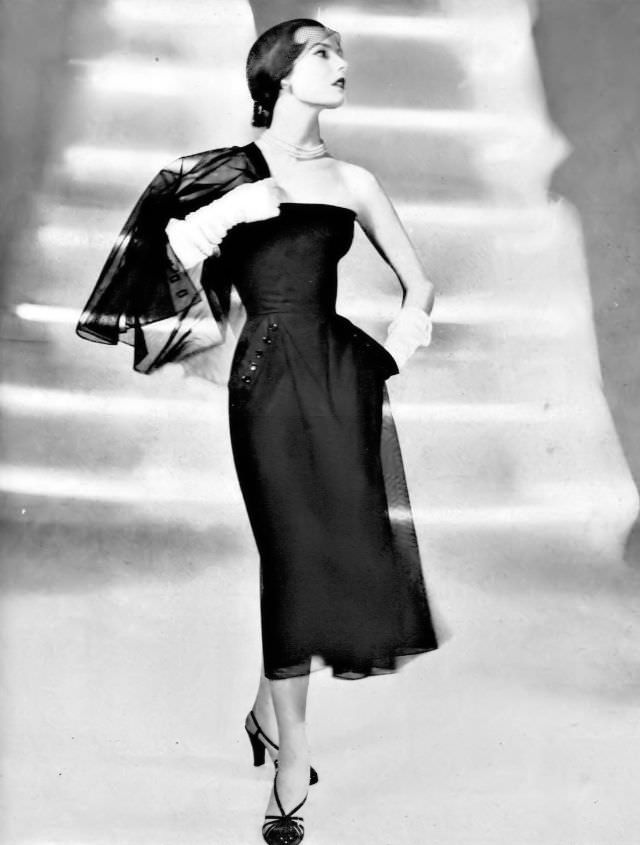 Lillian Marcuson in strapless tulle cocktail dress with matching jacket by Ben Reig, Vogue, May 15, 1950