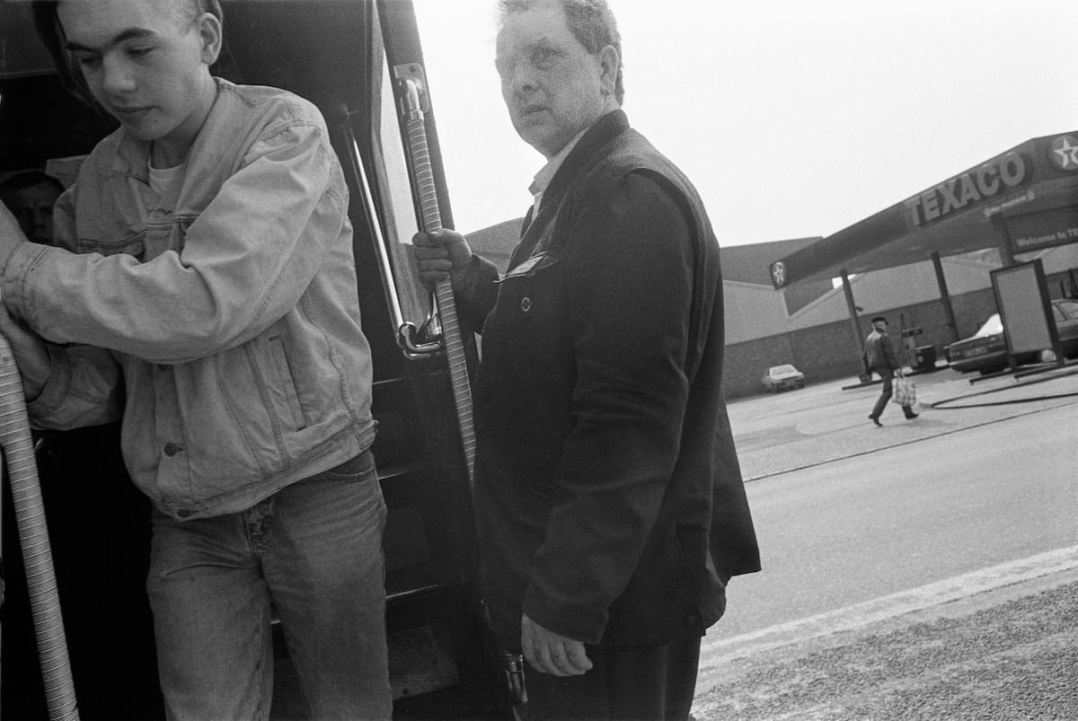 Passenger alighting, Bus, South London, 1999