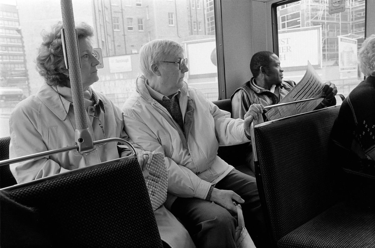 Passenger alighting, Bus, South London, 199