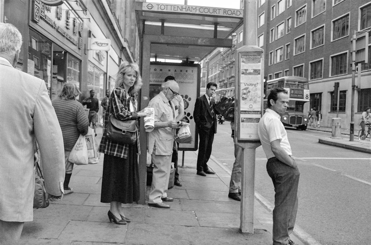 Bus Stop, Bus, Tottenham Court Rd, Camden, 1990