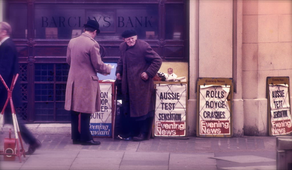 Newspaper stand, London, February 1971