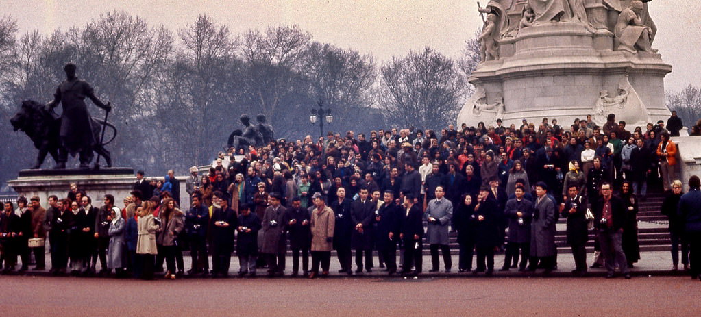 Waiting for changing of the guard at Buckingham Palace, February 1971