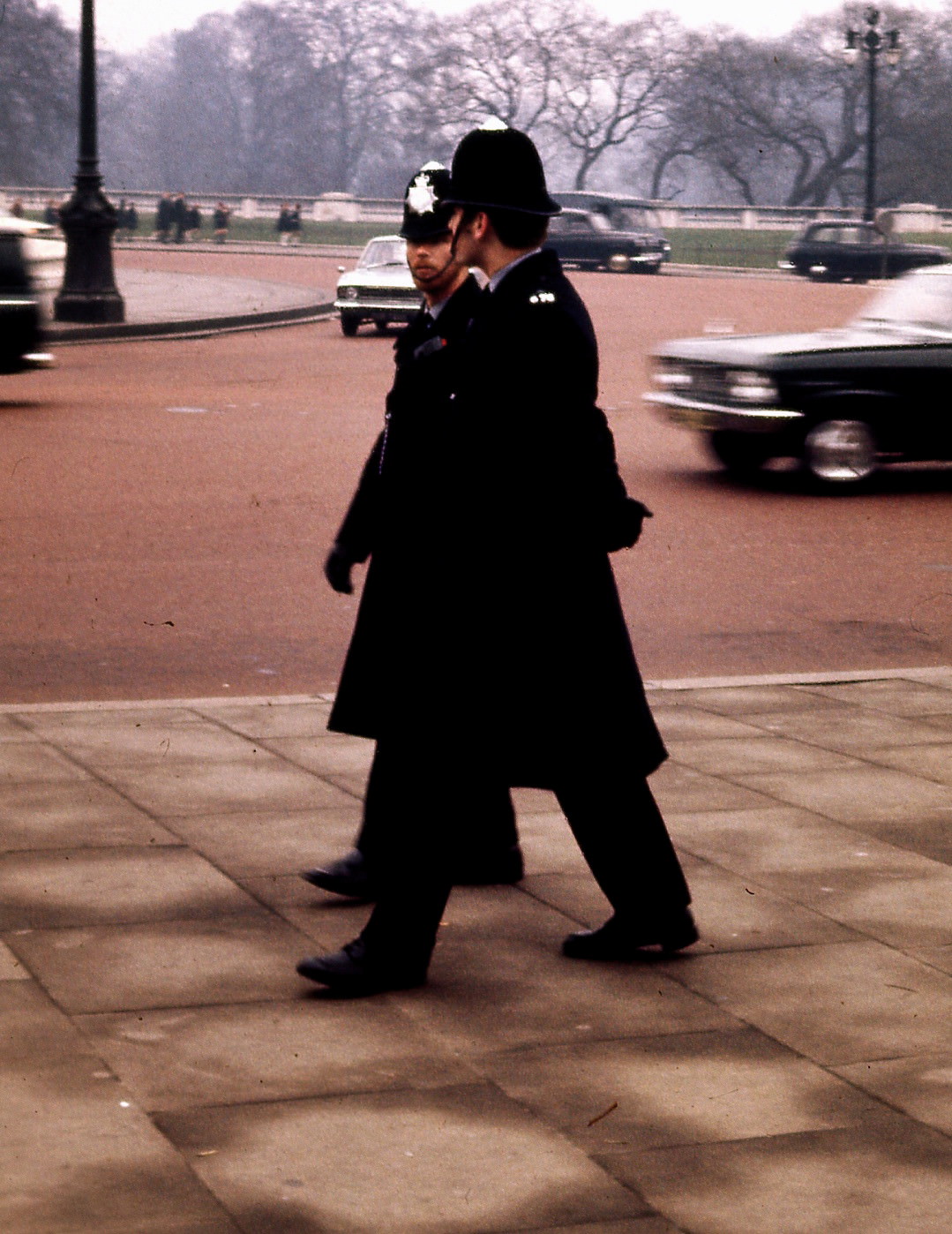 Policemen patroling outside Buckingham Palace, London, February 1971