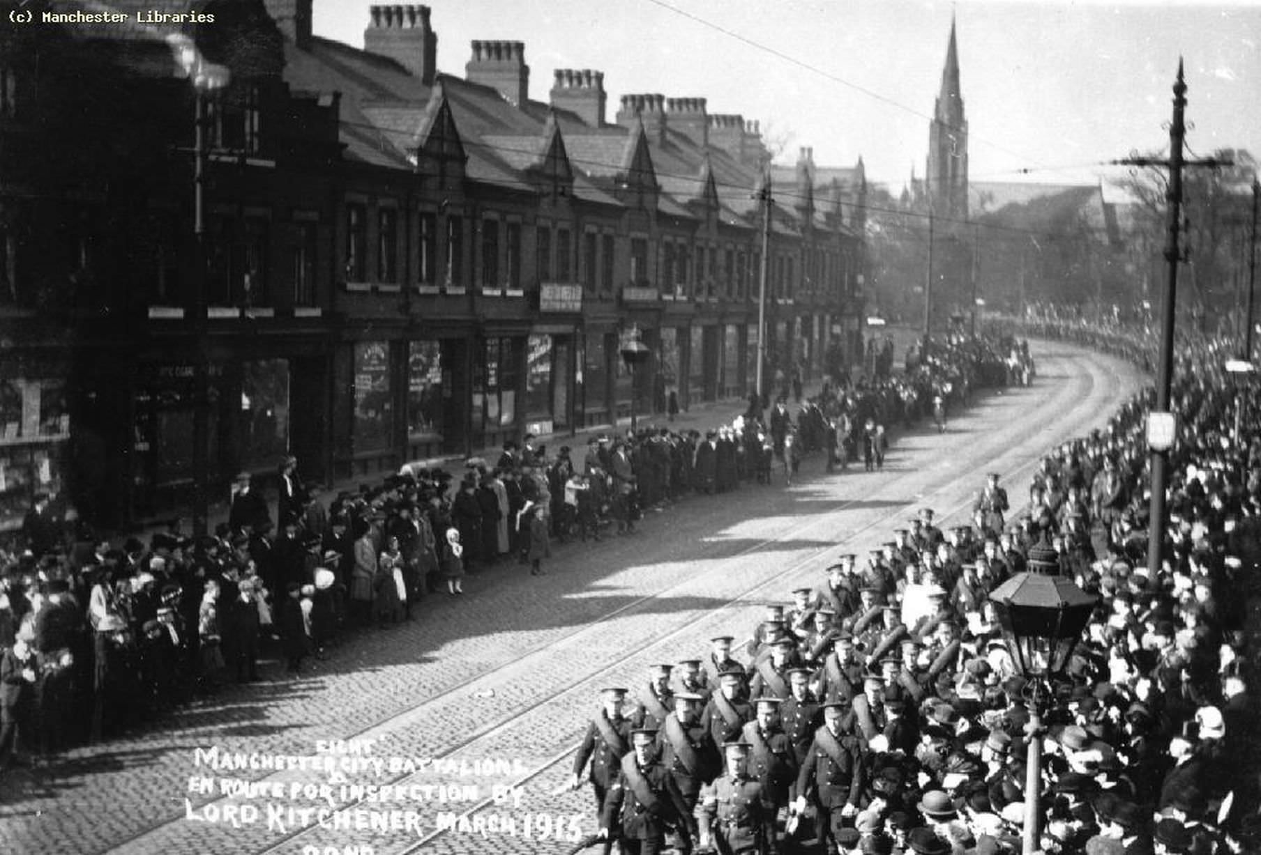 City Battalions of the Manchester Regiment marching from Heaton Park