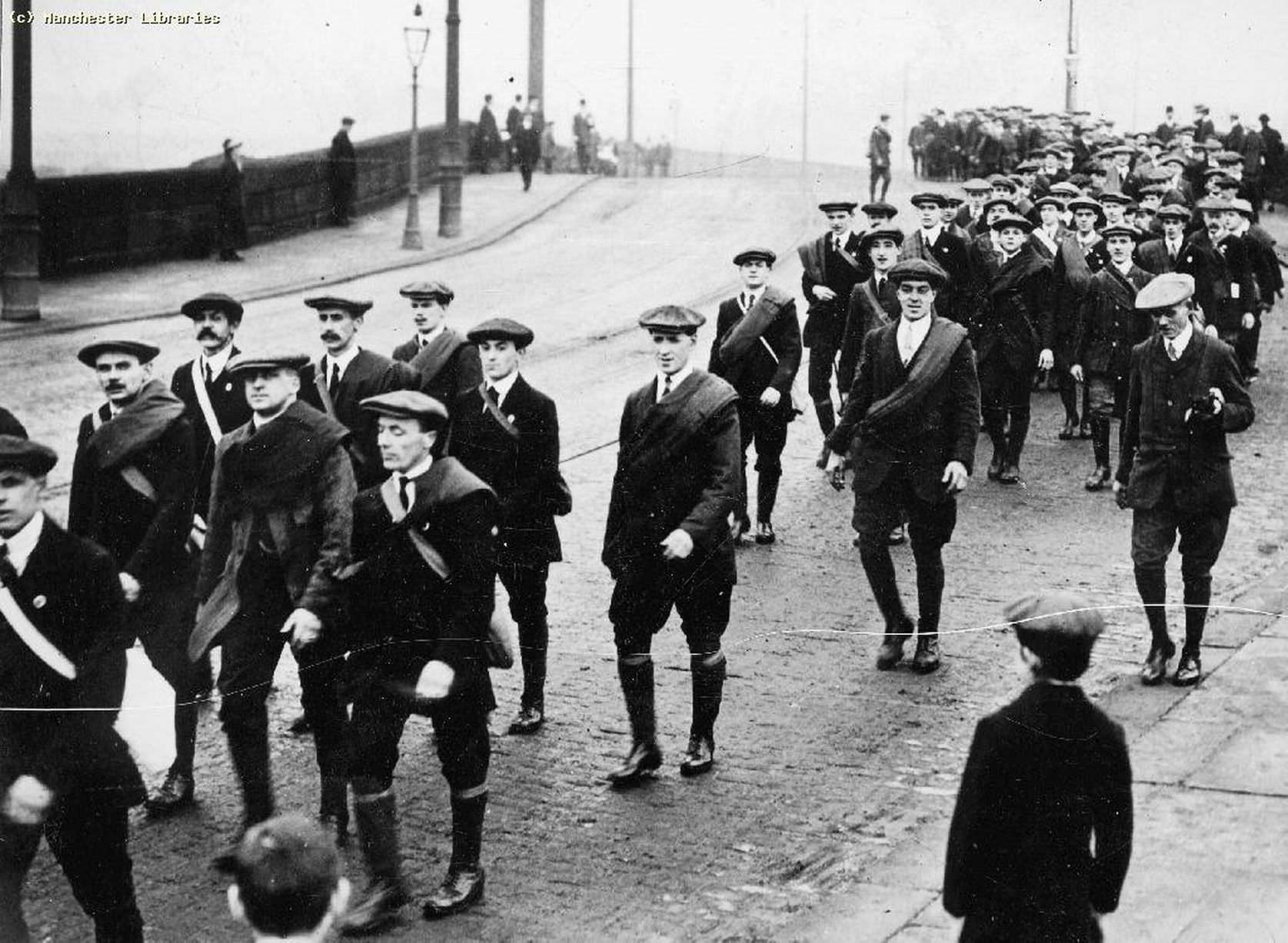 Prospective recruits on practice route march, Longford Bridge, Chester Road, Stretford