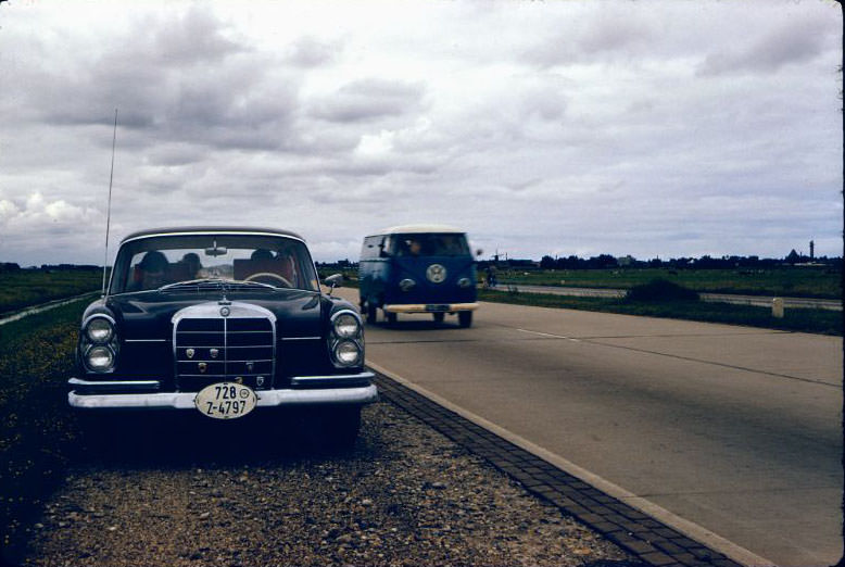 The Mercedes 220 along the freeway, somewhere in the Netherlands, 1961