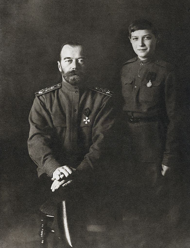 Tsar of Russia and his son Alexei, in military uniform, 1915.