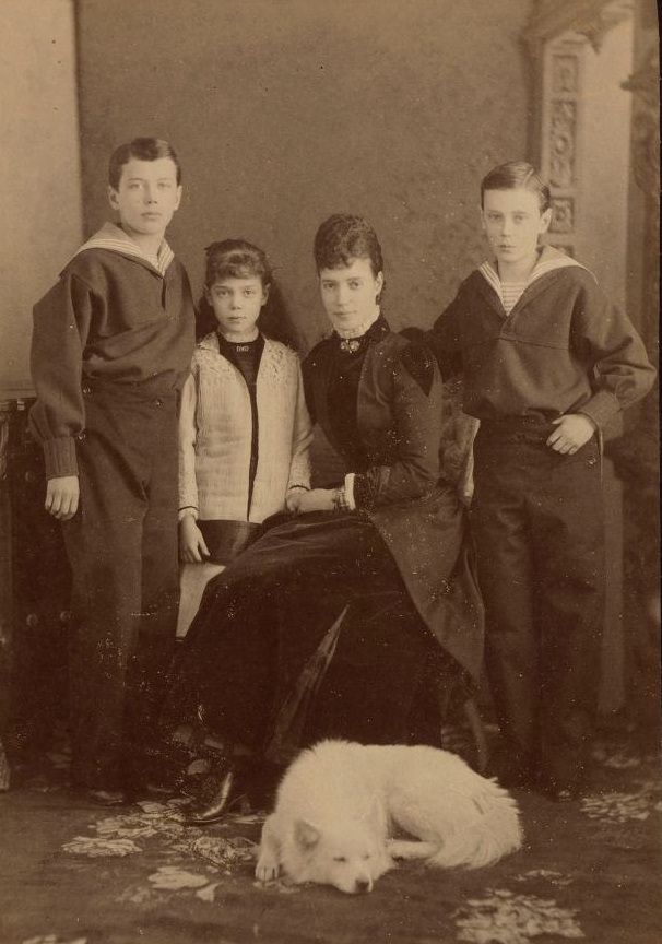 Empress Maria Fyodorovna with children, Nicholas Alexandrovich, George Alexandrovich and Xenia Alexandrovna, 1883.