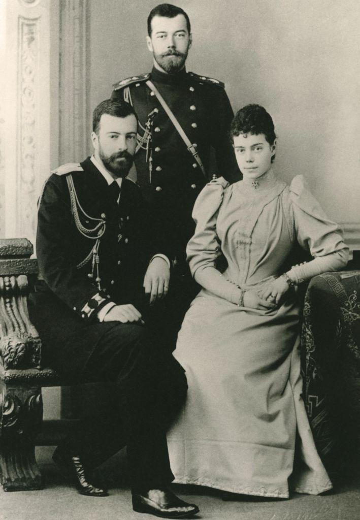 Grand Duchess Xenia Alexandrovna of Russia with her husband Grand Duke Alexander Mikhailovich and her brother Tsar Nicholas II, 1897.